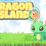 Trei dragoni mici și colorați stau pe iarbă sub un cer albastru, cu text galben „Dragon Island” deasupra