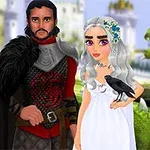 Un bărbat și o femeie în haine medievale, cu un corb pe mâna femeii și un dragon verde în fundal, într-un peisaj de castel