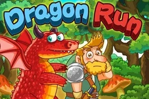 Un dragon roșu și un bărbat blond cu armură ușoară, înconjurați de o pădure cu ciuperci mari, cu textul Dragon Run în partea de sus
