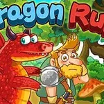 Un dragon roșu și un bărbat blond cu armură ușoară, înconjurați de o pădure cu ciuperci mari, cu textul Dragon Run în partea de sus