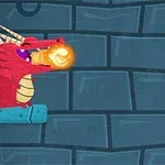Un cavaler în armură ține o sabie, fiind atacat de un dragon roșu care scuipă foc, pe un fundal de zid de piatră