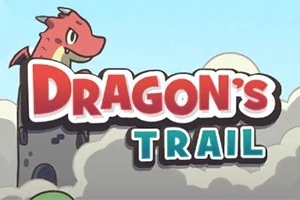Un dragon roșu stă pe un turn, deasupra cuvintelor Dragons Trail, cu nori albiciosi în jur