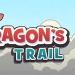 Un dragon roșu stă pe un turn, deasupra cuvintelor Dragons Trail, cu nori albiciosi în jur