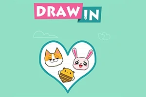 Un fundal verde cu logo-ul DRAW IN deasupra unei inimi albastre care conține fețe de animale drăguțe, inclusiv un câine, un iepure și o albină
