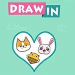 Un fundal verde cu logo-ul DRAW IN deasupra unei inimi albastre care conține fețe de animale drăguțe, inclusiv un câine, un iepure și o albină