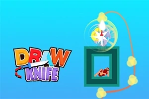 Textul Draw Knife și o structură geometrica cu o sferă și un cuțit pe fundal albastru deschis
