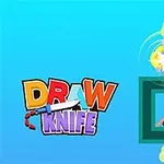 Textul Draw Knife și o structură geometrica cu o sferă și un cuțit pe fundal albastru deschis