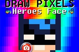 Un design pixelat colorat cu un personaj mascat în centrul imaginii și textul Draw Pixels: Heroes Face în partea de sus
