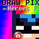 Un design pixelat colorat cu un personaj mascat în centrul imaginii și textul Draw Pixels: Heroes Face în partea de sus