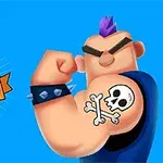 Personaj musculos cu creastă mov și tatuaj de craniu pe braț, pe fundal albastru, alături de textul DRAW TATTOO