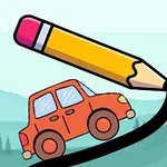 Creion galben desenând un drum pentru o mașină roșie pe un fundal cu peisaj montan