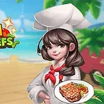 Bucătăreasă zâmbitoare în uniformă albă cu o farfurie de friptură pe un fundal de plajă tropicală