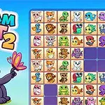Un urs panda desenat ținând un fluture, alături de o grilă cu tile-uri ilustrând diverse animale colorate