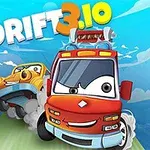 Două mașini animate cu fețe expresive se întrec pe un drum, una fiind un camion roșu, iar cealaltă o mașină galbenă