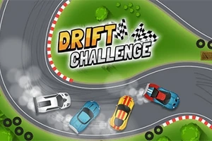 Mașini colorate derapând pe un circuit cu inscripția Drift Challenge și elemente de decor verde și șicane
