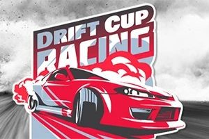 Mașină roșie de curse în derapaj cu fum în fundal și text „Drift Cup Racing”