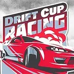 Mașină roșie de curse în derapaj cu fum în fundal și text „Drift Cup Racing”