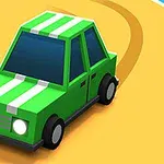Mașină verde stilizată cu dungi albe pe un drum curbat