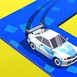 Mașină albă stilizată derapând pe o pistă albastră, pe un fundal galben