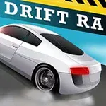 Mașină albă în drift pe un drum, cu un fundal albastru și textul Drift Race deasupra