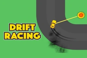 Mașină galbenă derapând pe o pistă întunecată, cu titlul Drift Racing scris în stânga pe fundal verde