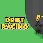 Mașină galbenă derapând pe o pistă întunecată, cu titlul Drift Racing scris în stânga pe fundal verde