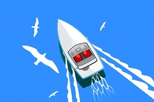 O barcă cu motor navighează pe apă albastră, înconjurată de pescăruși zburători
