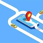 Un telefon mobil cu un pin de localizare pe ecran este plasat pe o rețea de drumuri albe, pe un fundal albastru, cu două mașini galbene pe drum