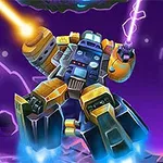 Robot galben și albastru cu arme luminoase într-un peisaj cosmic violet