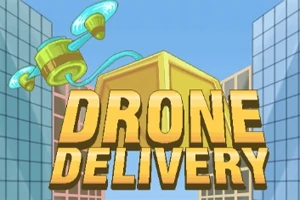 Dronă colorată transportând o cutie aurie între clădiri înalte, cu textul Drone Delivery