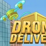Dronă colorată transportând o cutie aurie între clădiri înalte, cu textul Drone Delivery