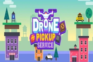 Grafică stilizată cu clădiri viu colorate, un taxi și un logo cu dronă care transportă pachete, pe fundalul unui peisaj urban