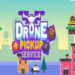 Grafică stilizată cu clădiri viu colorate, un taxi și un logo cu dronă care transportă pachete, pe fundalul unui peisaj urban