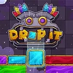 Imaginea prezintă un fundal purpuriu cu nori albi, un text stilizat Drop It cu pietre prețioase colorate deasupra și piese colorate dreptunghiulare în partea de jos
