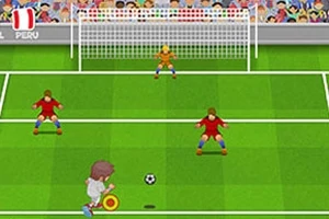 Un jucător de fotbal animat pregătit să șuteze mingea spre poartă, confruntându-se cu doi apărători și un portar pe un teren verde