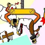 Personaje animate în poziții comice și neobișnuite, inclusiv un bărbat prins într-un dispozitiv, un elefant și o masă