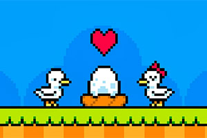 Duck Duck Doi păsări pixelate privesc un ou într-un cuib, cu o inimă roșie deasupra