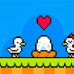 Duck Duck Doi păsări pixelate privesc un ou într-un cuib, cu o inimă roșie deasupra