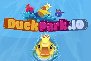 Rățușcă galbenă cu coroană înoată într-o piscină albastră alături de alte rățuște colorate și titlul Duck Park