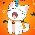 Pisicuță drăguță cântând într-un decor de Halloween cu păianjeni și lilieci pe un fundal portocaliu