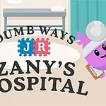 Personaje animate colorate într-un spital cu textul Dumb Ways JR Zanys Hospital