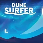 Un cer albastru cu un soare alb strălucitor și un peisaj cu dune întunecate, având textul Dune Surfer în partea de sus