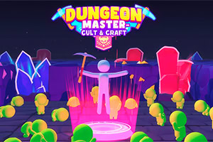 Figurină stilizată cu brațele întinse pe o platformă luminoasă, în fața unui peisaj 3D colorat cu stânci și copaci, cu titlul „DUNGEON MASTER: CULT & CRAFT sus