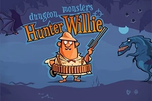 Un personaj de desene animate poartă o pălărie și o pușcă, înconjurat de monștri într-un peisaj întunecat, cu numele Hunter Willie afișat deasupra
