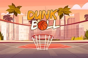 Teren de baschet cu palmieri și skyline urban pe fundal la apus, cu text Dunk Ball deasupra
