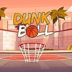 Teren de baschet cu palmieri și skyline urban pe fundal la apus, cu text Dunk Ball deasupra