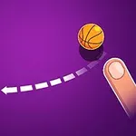 Un fundal mov cu o minge de baschet în aer, un coș de baschet și un deget care arată direcția aruncării