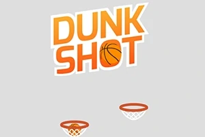 Text portocaliu DUNK SHOT cu o minge de baschet în locul literei O și două coșuri de baschet dedesubt