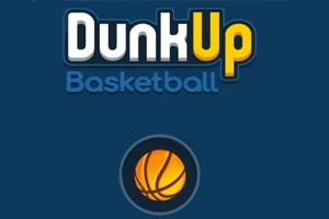 Fundal albastru cu un text alb și galben Dunk Up Basketball și o minge de baschet în partea de jos