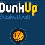 Fundal albastru cu un text alb și galben Dunk Up Basketball și o minge de baschet în partea de jos